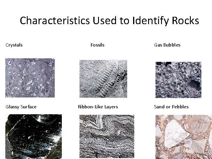 Characteristics Used to Identify Rocks Crystals Glassy Surface Fossils Ribbon-Like Layers Gas Bubbles Sand
