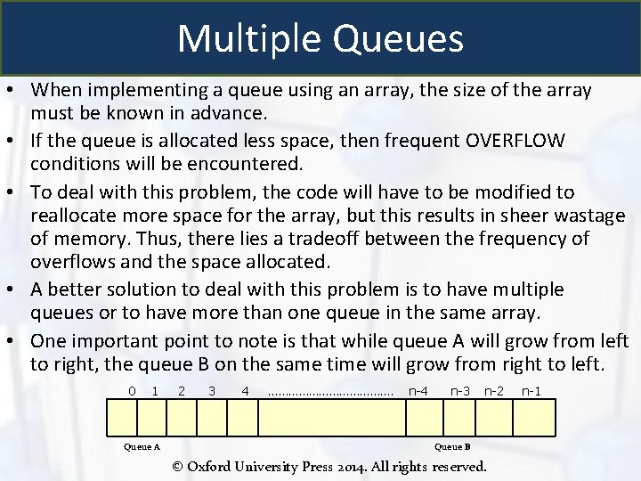 Multiple Queues • When implementing a queue using an array, the size of the