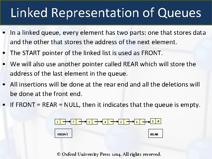 Linked Representation of Queues • In a linked queue, every element has two parts: