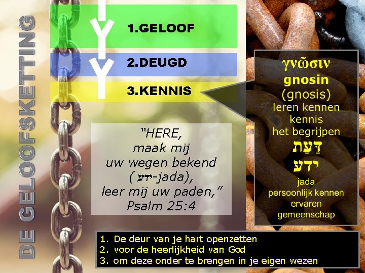 1. GELOOF 2. DEUGD 3. KENNIS “HERE, maak mij uw wegen bekend ( ידע