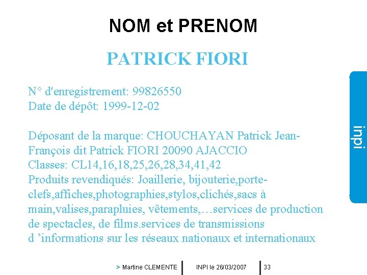 NOM et PRENOM PATRICK FIORI N° d'enregistrement: 99826550 Date de dépôt: 1999 -12 -02