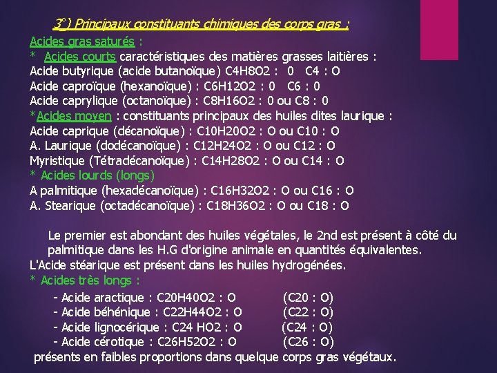 3°) Principaux constituants chimiques des corps gras : Acides gras saturés : * Acides