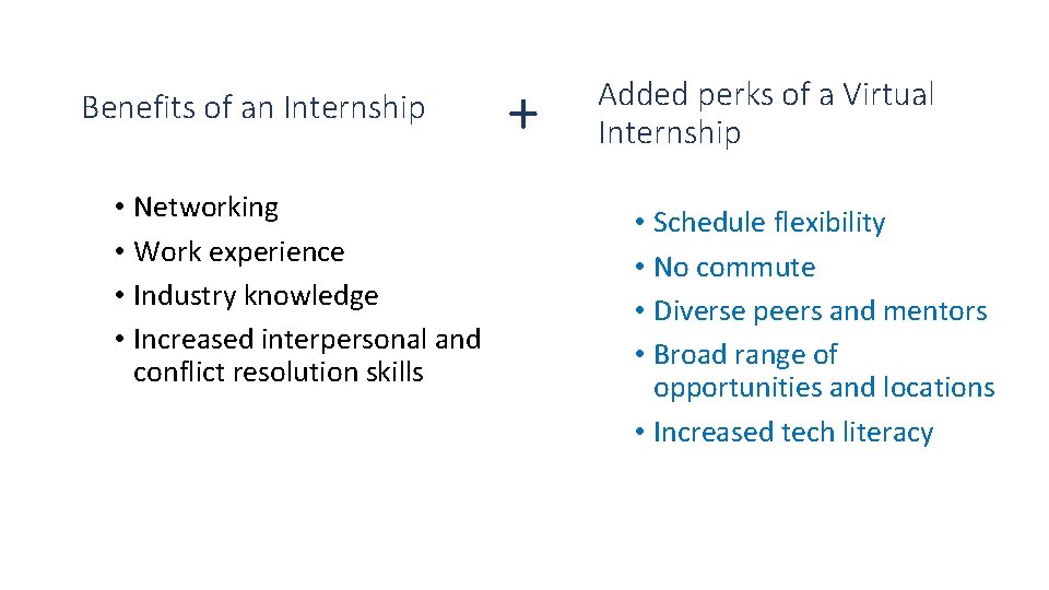 Benefits of an Internship • Networking • Work experience • Industry knowledge • Increased