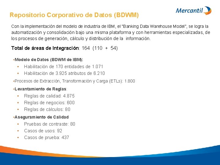 Repositorio Corporativo de Datos (BDWM) Con la implementación del modelo de industria de IBM,