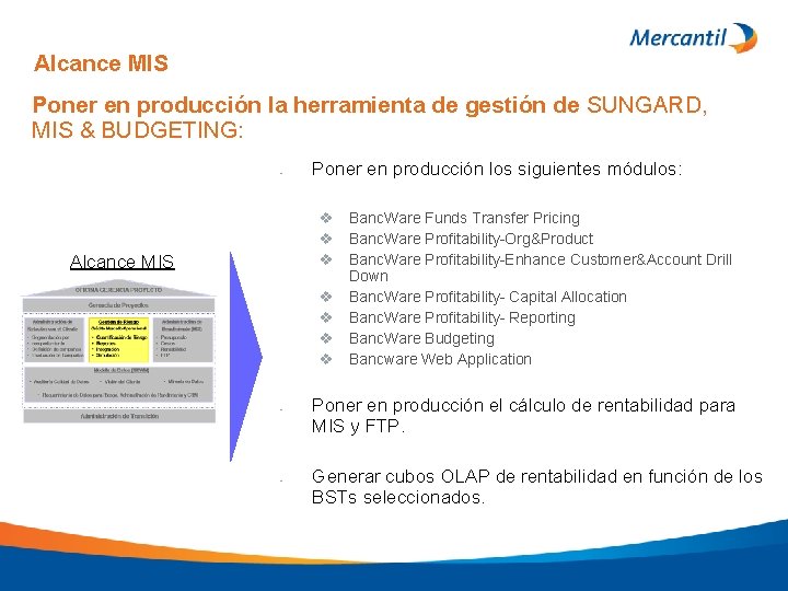 Alcance MIS Poner en producción la herramienta de gestión de SUNGARD, MIS & BUDGETING: