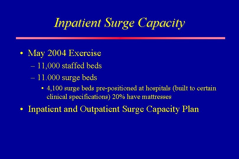 Inpatient Surge Capacity • May 2004 Exercise – 11, 000 staffed beds – 11.