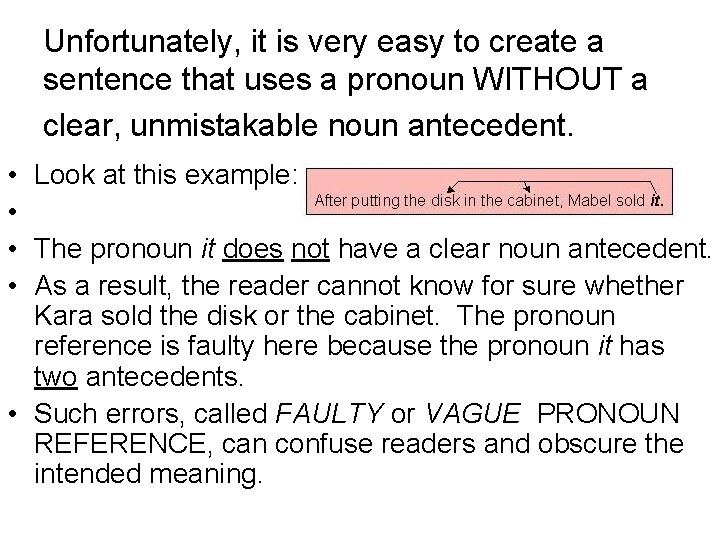 Unfortunately, it is very easy to create a sentence that uses a pronoun WITHOUT Unfortunately, it is very easy to create a sentence that uses a pronoun WITHOUT
