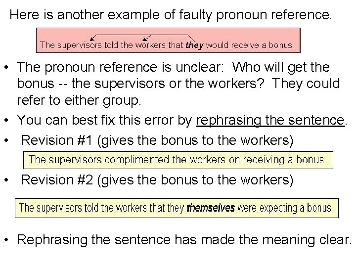 Here is another example of faulty pronoun reference. • The pronoun reference is unclear: Here is another example of faulty pronoun reference. • The pronoun reference is unclear: