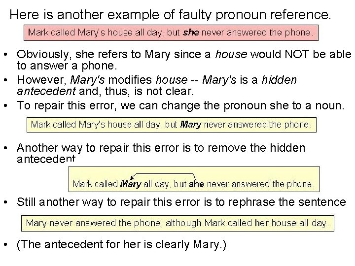 Here is another example of faulty pronoun reference. • Obviously, she refers to Mary Here is another example of faulty pronoun reference. • Obviously, she refers to Mary