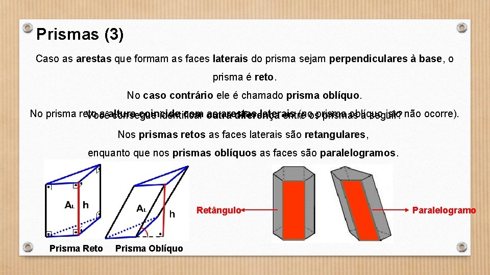 Prismas (3) Caso as arestas que formam as faces laterais do prisma sejam perpendiculares