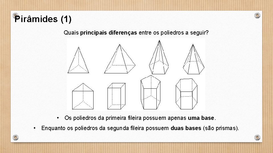 Pirâmides (1) Quais principais diferenças entre os poliedros a seguir? • Os poliedros da