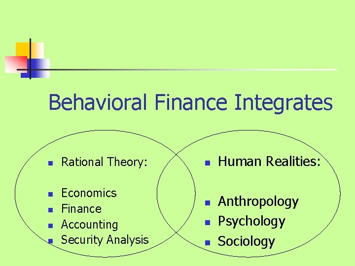 Behavioral Finance Integrates n n n Rational Theory: Economics Finance Accounting Security Analysis n