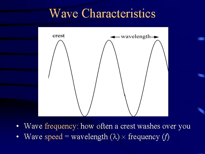 Wave Characteristics • Wave frequency: how often a crest washes over you • Wave Wave Characteristics • Wave frequency: how often a crest washes over you • Wave