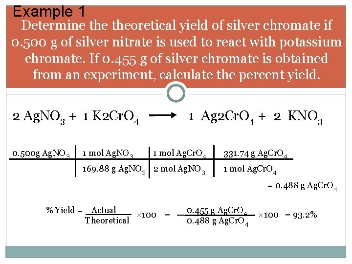 Example 1 Determine theoretical yield of silver chromate if 0. 500 g of silver Example 1 Determine theoretical yield of silver chromate if 0. 500 g of silver