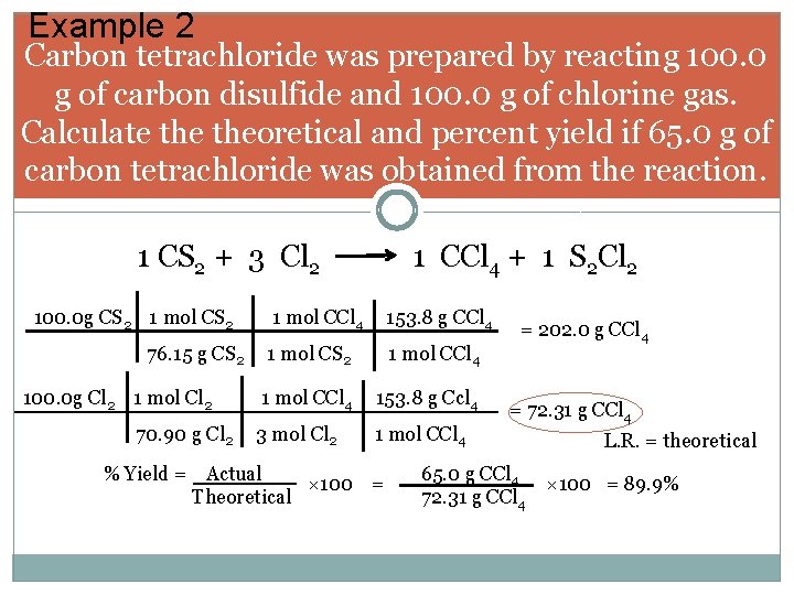 Example 2 Carbon tetrachloride was prepared by reacting 100. 0 g of carbon disulfide Example 2 Carbon tetrachloride was prepared by reacting 100. 0 g of carbon disulfide