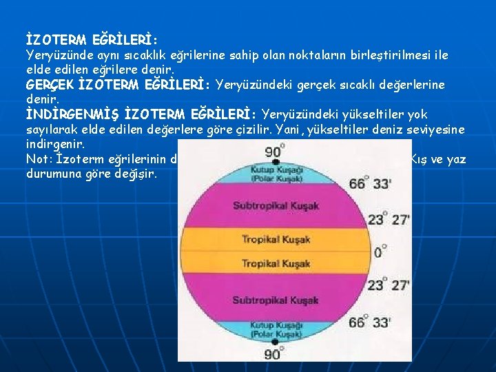 İZOTERM EĞRİLERİ: Yeryüzünde aynı sıcaklık eğrilerine sahip olan noktaların birleştirilmesi ile elde edilen eğrilere