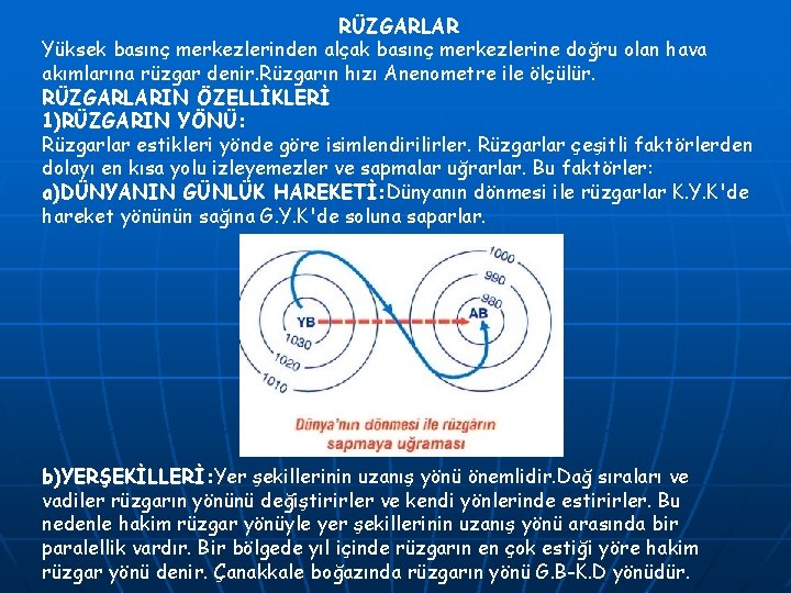 RÜZGARLAR Yüksek basınç merkezlerinden alçak basınç merkezlerine doğru olan hava akımlarına rüzgar denir. Rüzgarın