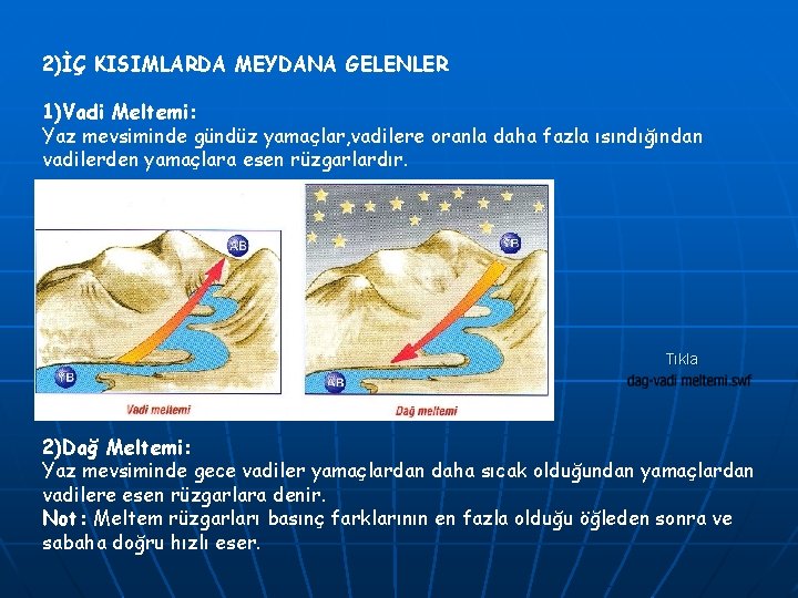 2)İÇ KISIMLARDA MEYDANA GELENLER 1)Vadi Meltemi: Yaz mevsiminde gündüz yamaçlar, vadilere oranla daha fazla