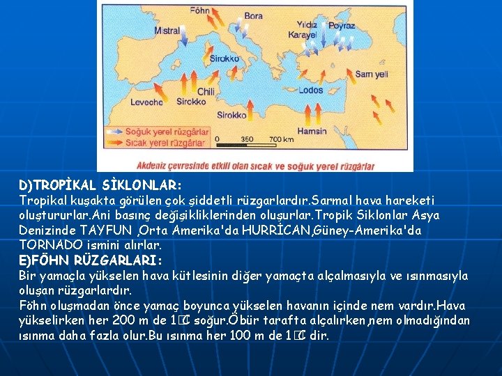 D)TROPİKAL SİKLONLAR: Tropikal kuşakta görülen çok şiddetli rüzgarlardır. Sarmal hava hareketi oluştururlar. Ani basınç