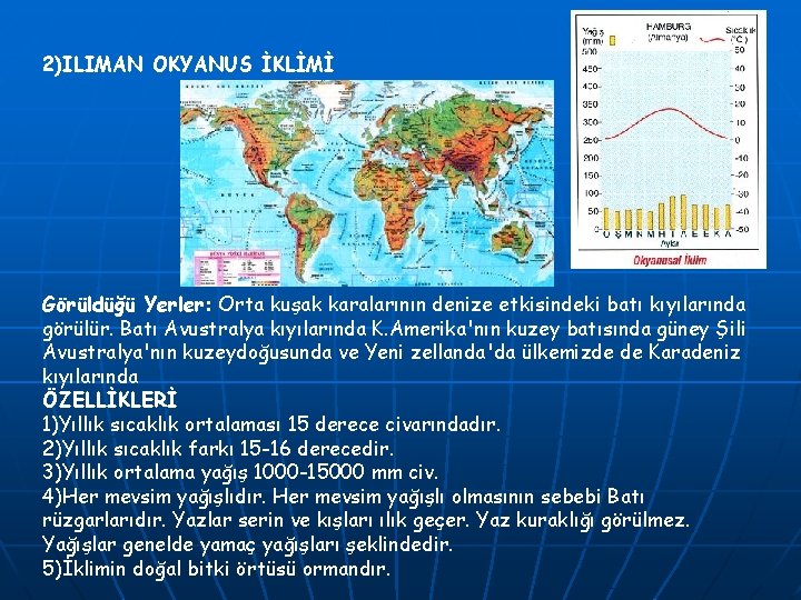 2)ILIMAN OKYANUS İKLİMİ Görüldüğü Yerler: Orta kuşak karalarının denize etkisindeki batı kıyılarında görülür. Batı