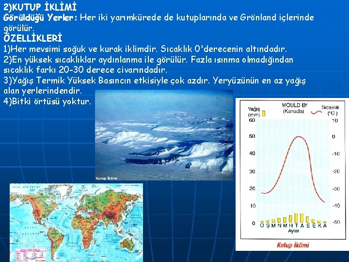 2)KUTUP İKLİMİ Görüldüğü Yerler: Her iki yarımkürede de kutuplarında ve Grönland içlerinde görülür. ÖZELLİKLERİ