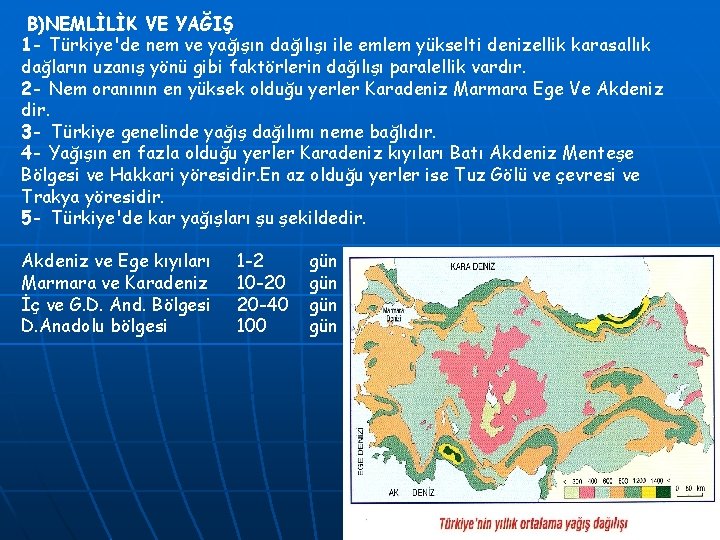 B)NEMLİLİK VE YAĞIŞ 1 - Türkiye'de nem ve yağışın dağılışı ile emlem yükselti denizellik