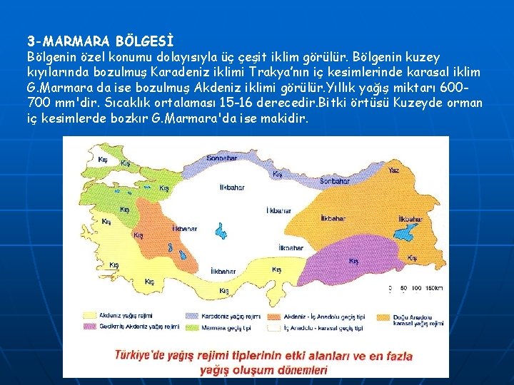 3 -MARMARA BÖLGESİ Bölgenin özel konumu dolayısıyla üç çeşit iklim görülür. Bölgenin kuzey kıyılarında