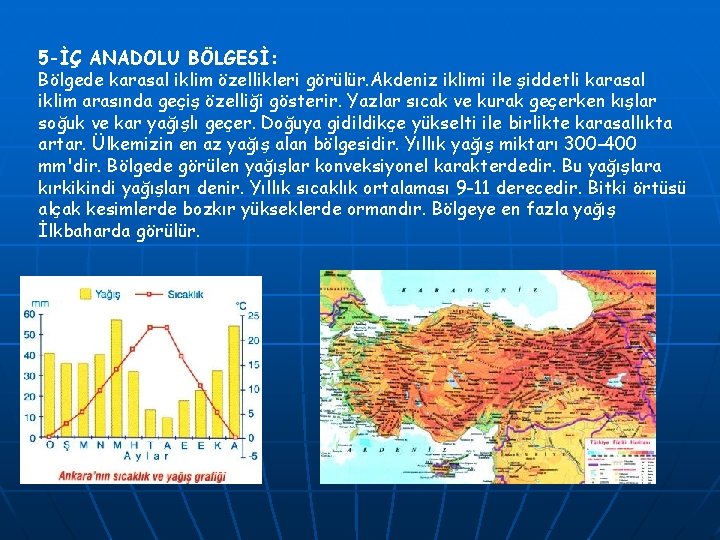 5 -İÇ ANADOLU BÖLGESİ: Bölgede karasal iklim özellikleri görülür. Akdeniz iklimi ile şiddetli karasal