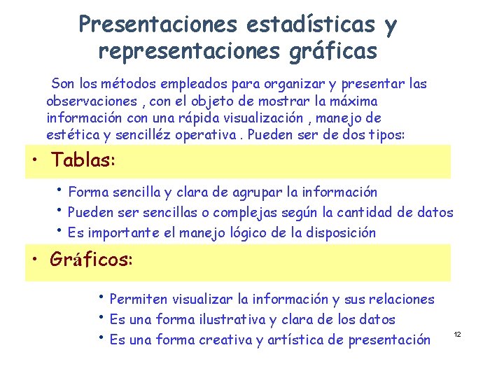 Presentaciones estadísticas y representaciones gráficas Son los métodos empleados para organizar y presentar las