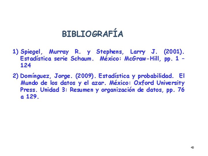 BIBLIOGRAFÍA 1) Spiegel, Murray R. y Stephens, Larry J. (2001). Estadística serie Schaum. México: