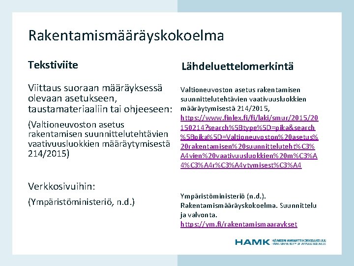 Tekstiviite Lähdeluettelomerkintä Viittaus suoraan määräyksessä olevaan asetukseen, taustamateriaaliin tai ohjeeseen: Valtioneuvoston asetus rakentamisen suunnittelutehtävien