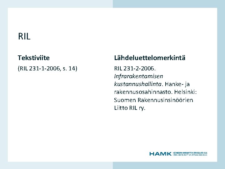 Tekstiviite Lähdeluettelomerkintä (RIL 231 -1 -2006, s. 14) RIL 231 -2 -2006. Infrarakentamisen kustannushallinta.