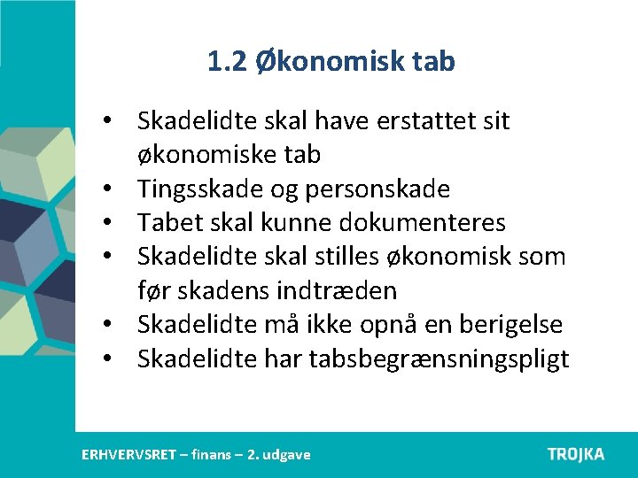 1. 2 Økonomisk tab • Skadelidte skal have erstattet sit økonomiske tab • Tingsskade