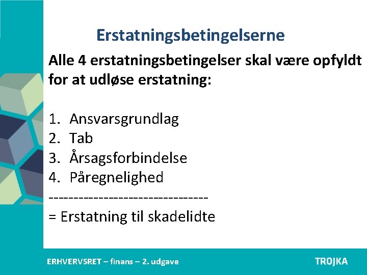 Erstatningsbetingelserne Alle 4 erstatningsbetingelser skal være opfyldt for at udløse erstatning: 1. Ansvarsgrundlag 2.