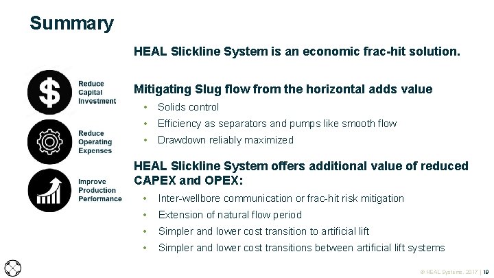 Summary HEAL Slickline System is an economic frac-hit solution. Mitigating Slug flow from the Summary HEAL Slickline System is an economic frac-hit solution. Mitigating Slug flow from the