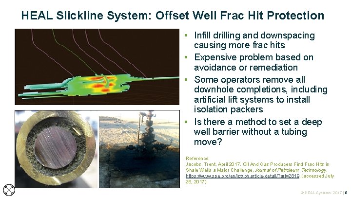 HEAL Slickline System: Offset Well Frac Hit Protection • Infill drilling and downspacing causing HEAL Slickline System: Offset Well Frac Hit Protection • Infill drilling and downspacing causing