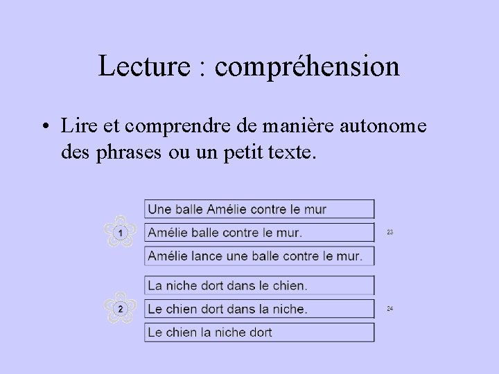 Lecture : compréhension • Lire et comprendre de manière autonome des phrases ou un