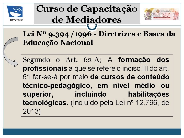 Curso de Capacitação de Mediadores Lei Nº 9. 394 /1996 - Diretrizes e Bases