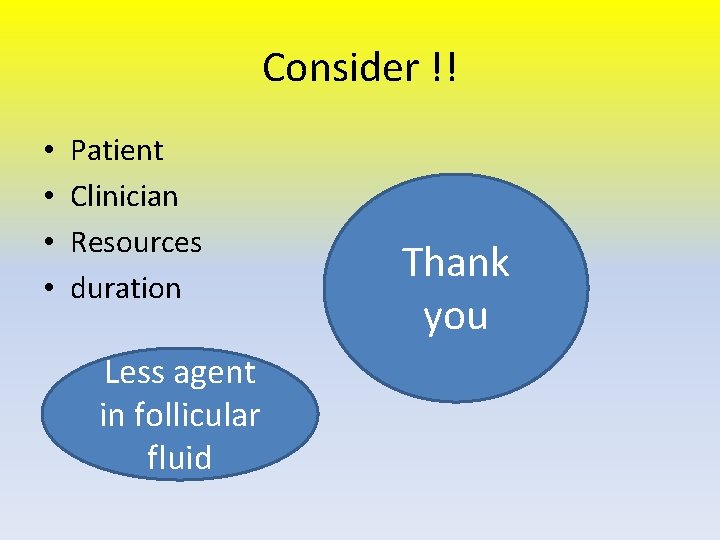 Consider !! • • Patient Clinician Resources duration Less agent in follicular fluid Thank