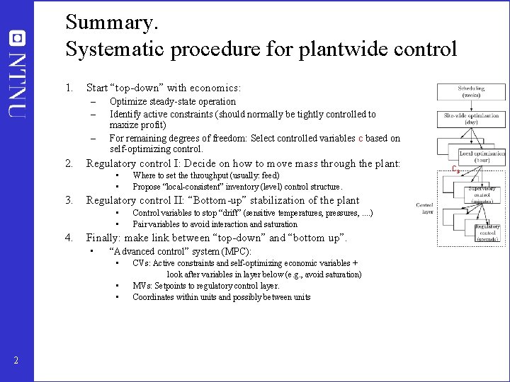 Summary. Systematic procedure for plantwide control 1. Start “top-down” with economics: – – –