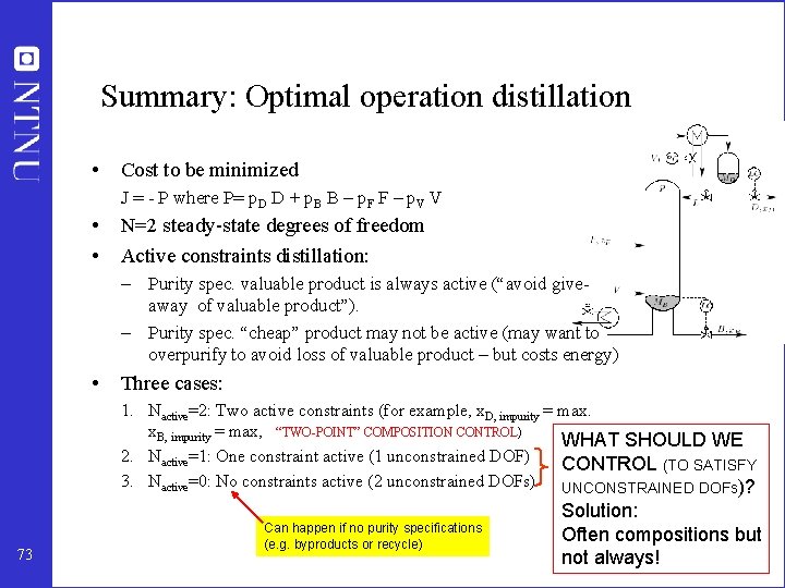 Summary: Optimal operation distillation • Cost to be minimized J = - P where