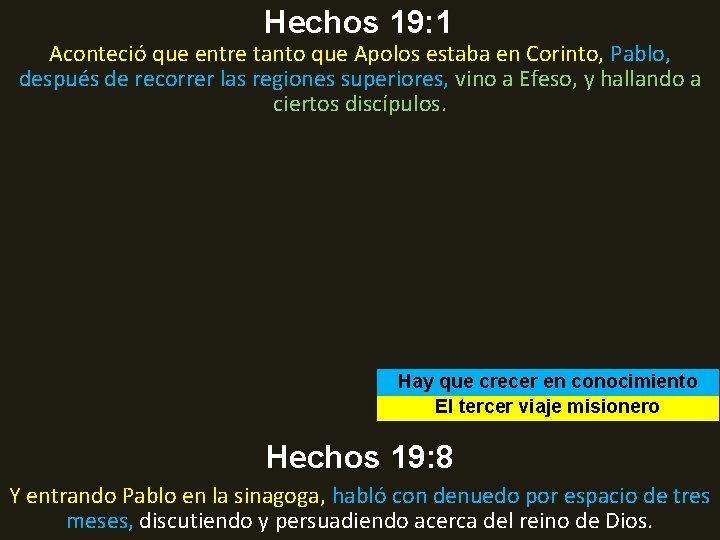 Hechos 19: 1 Aconteció que entre tanto que Apolos estaba en Corinto, Pablo, después