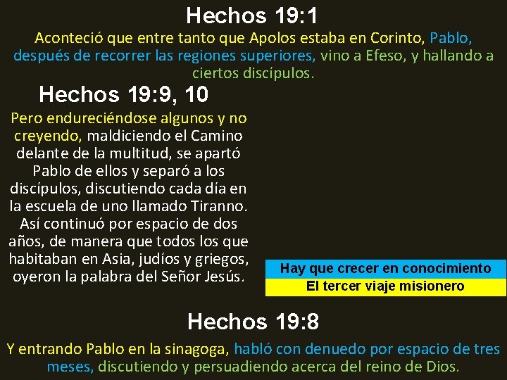 Hechos 19: 1 Aconteció que entre tanto que Apolos estaba en Corinto, Pablo, después