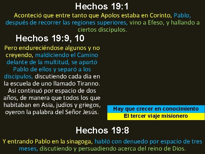 Hechos 19: 1 Aconteció que entre tanto que Apolos estaba en Corinto, Pablo, después