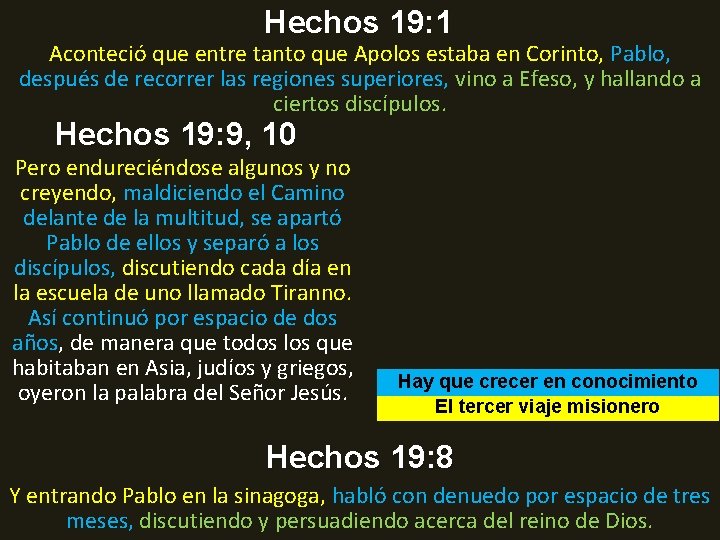 Hechos 19: 1 Aconteció que entre tanto que Apolos estaba en Corinto, Pablo, después