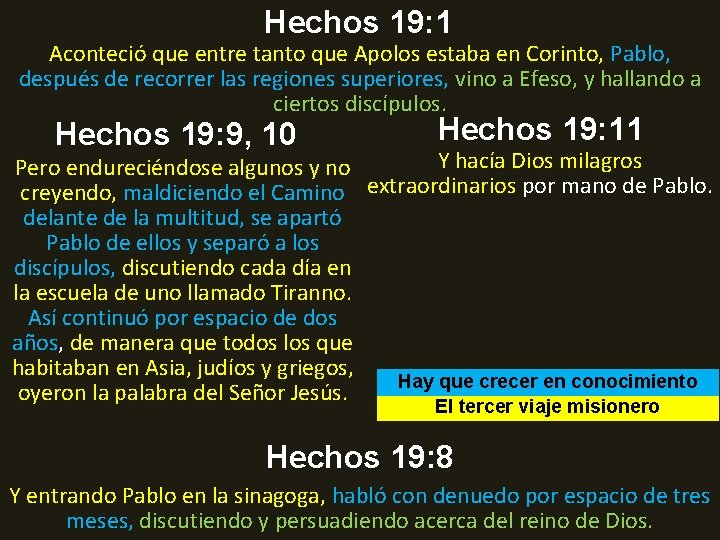 Hechos 19: 1 Aconteció que entre tanto que Apolos estaba en Corinto, Pablo, después