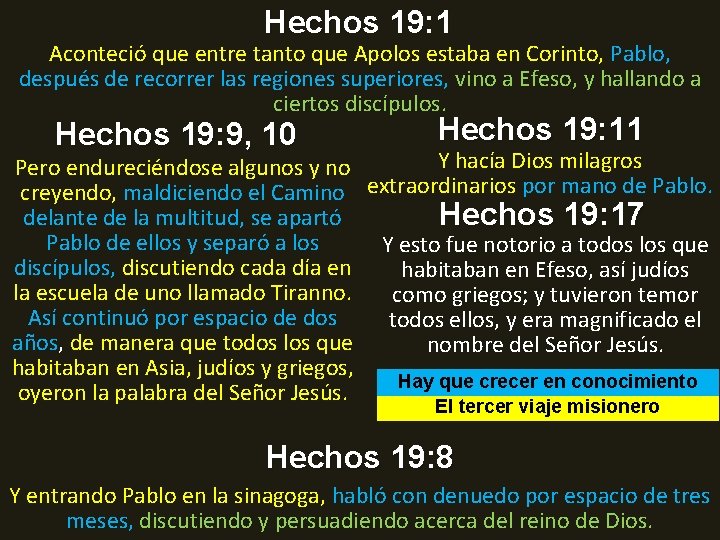 Hechos 19: 1 Aconteció que entre tanto que Apolos estaba en Corinto, Pablo, después