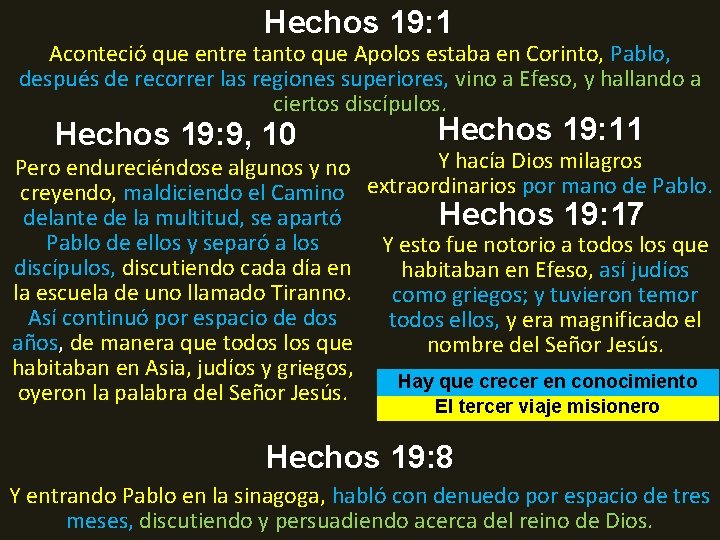 Hechos 19: 1 Aconteció que entre tanto que Apolos estaba en Corinto, Pablo, después