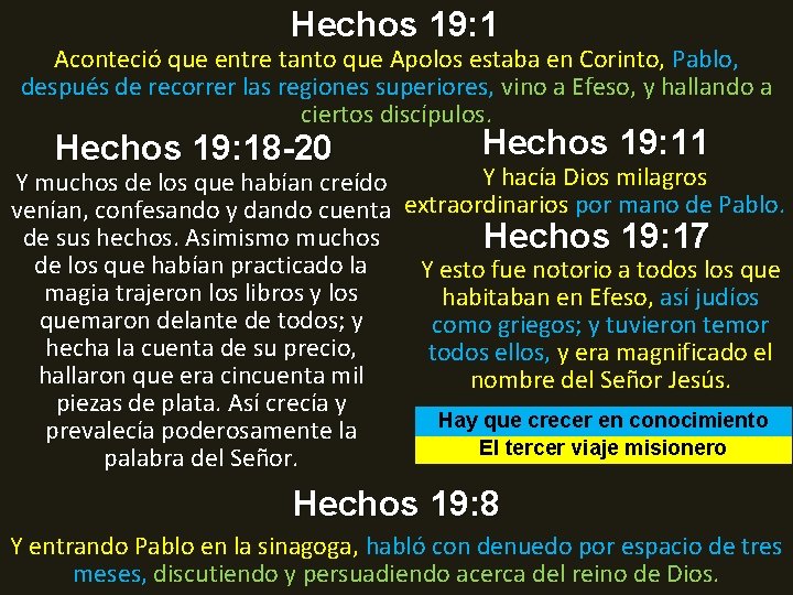 Hechos 19: 1 Aconteció que entre tanto que Apolos estaba en Corinto, Pablo, después