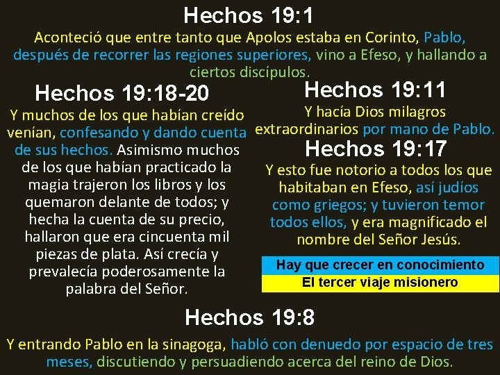 Hechos 19: 1 Aconteció que entre tanto que Apolos estaba en Corinto, Pablo, después